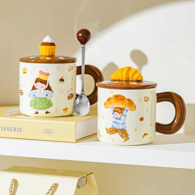 Gift Box Household Ceramic Cup Sets 400ml High Aesthetic Dessert Cartoon Character Handle Mugs Couple Cup with Scoop and Lid M251206 - view 3