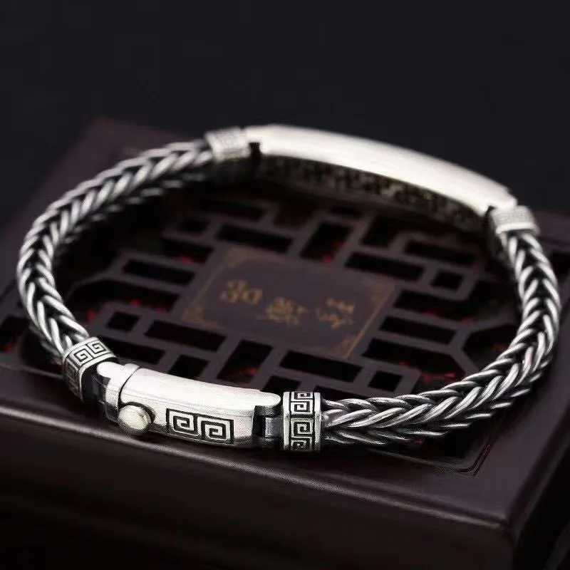 New Silver Color Hemp Rope Keel Men 4mm Bracelet Silver Tide Fashion All-Match Casual Retro Handmade Chinese Style Jewelry W251206