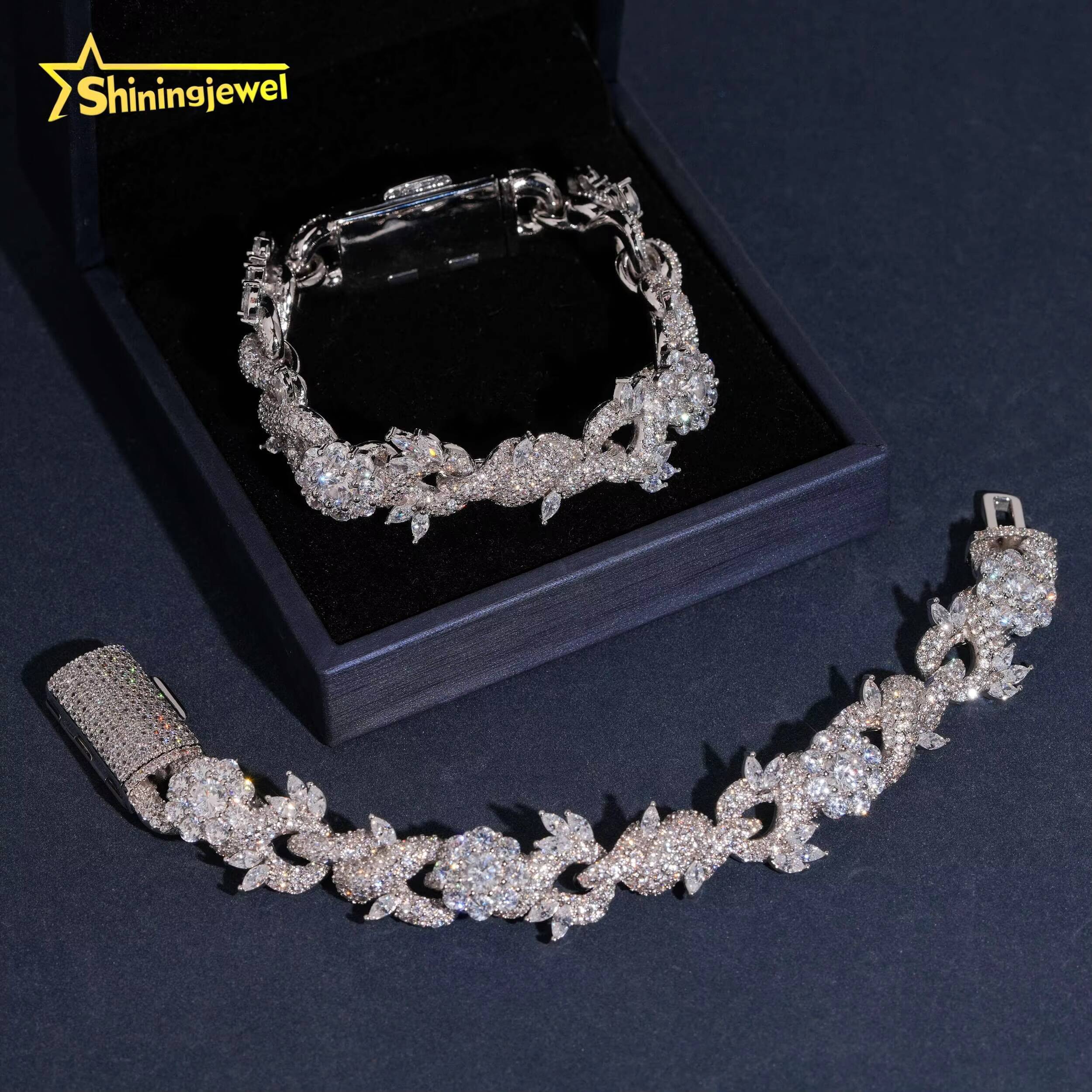 15mm Flower and Leaf Design Moisasnite Cuban Bracelet 925 Silver Moissanite Diamond Bracelet Iced Out Jewelry