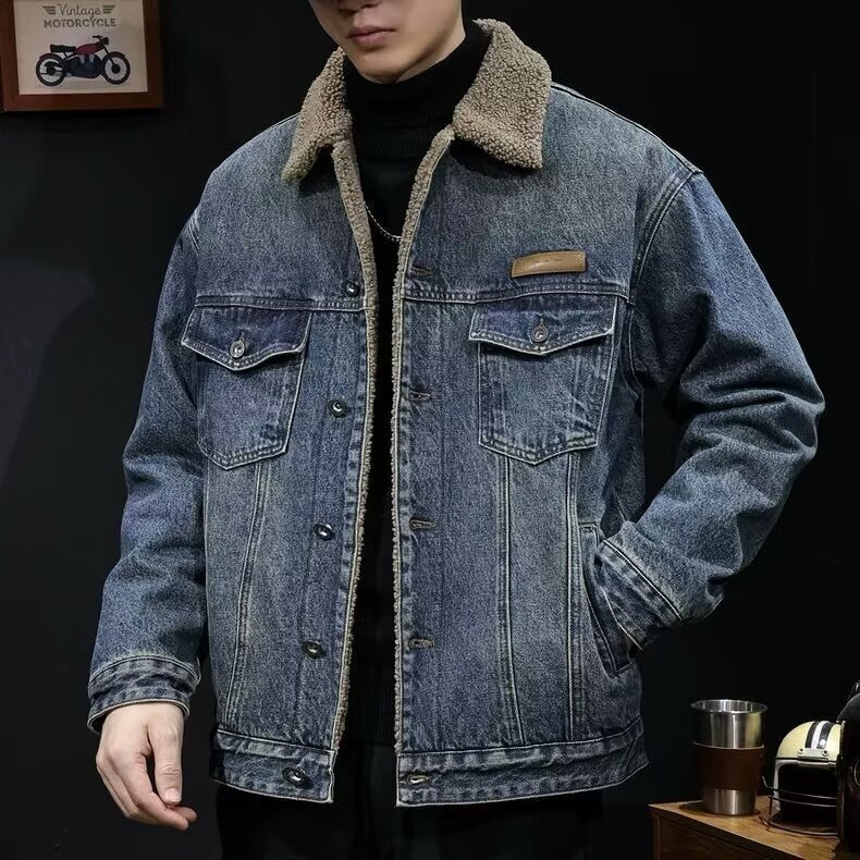 Designer Luxury Clothing Lamb Wool Cotton Jacket For Men Winter Stylish Trendy Cotton Coat With Fleece Lining Thickened Trendy Brand Denim Motorcycle 