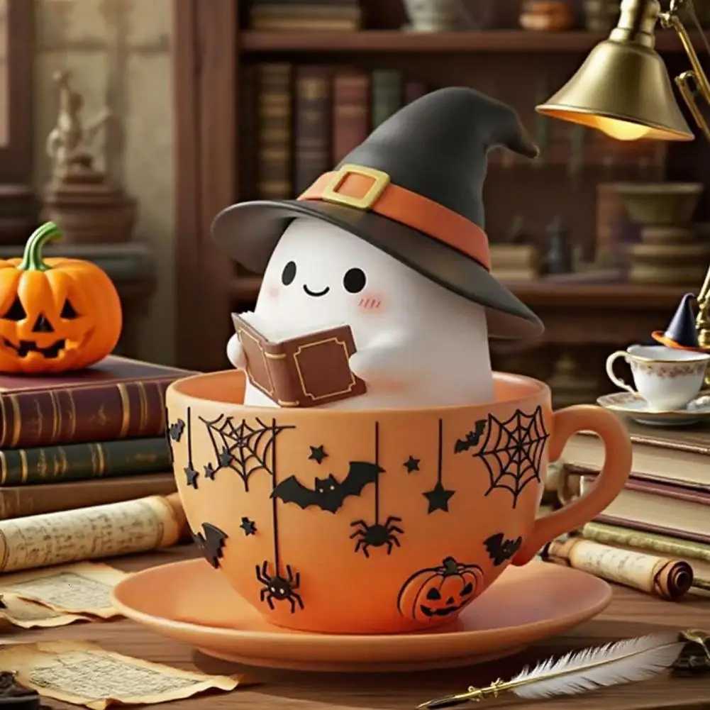 Halloween Ghost Teacup Figurine Witch Hat Reading Ghost Statue Resin Sculpture Holiday Party Desktop Decoration Ornament M251206 - view 7