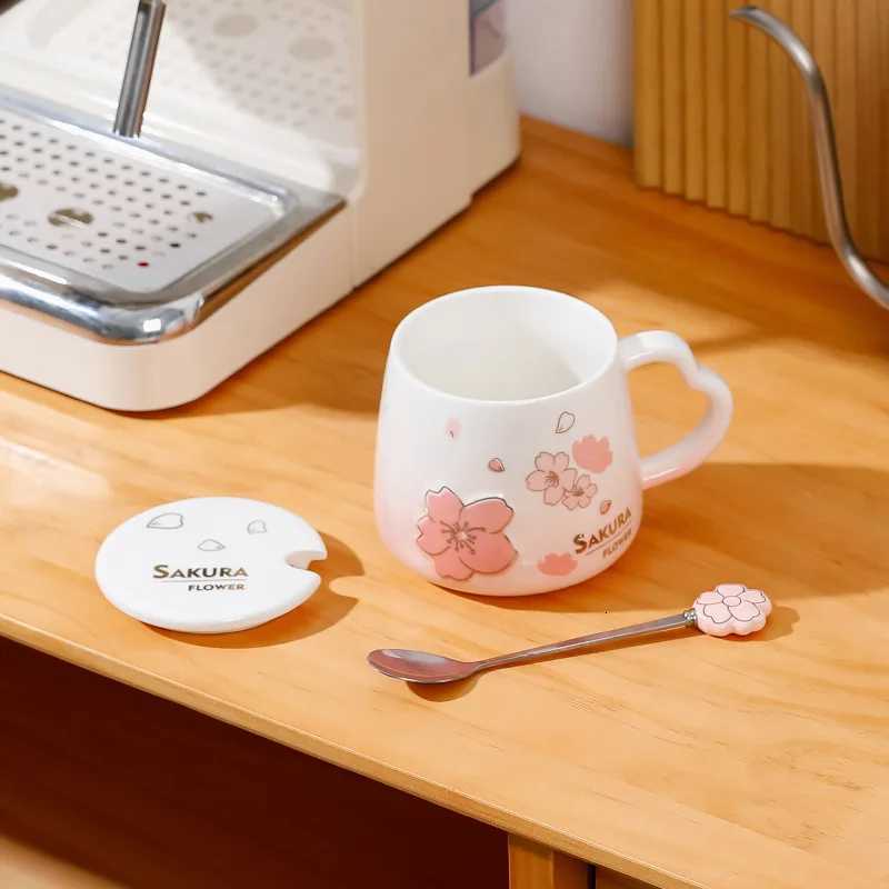 Japanese Pink Cherry Blossom Ceramic Mugs Coffee Cups Milk Breakfast Mug with Lid Spoon Water Cup Office Tea Cup M251206 - view 3