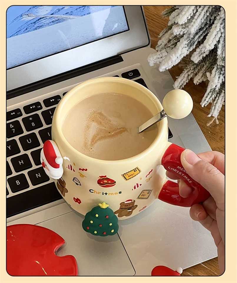 Cartoon Christmas Mug Household Cute Milk Ceramic Cup with Lid and Spoon Accompanying Gift Couple Coffee Cup M251206 - view 6