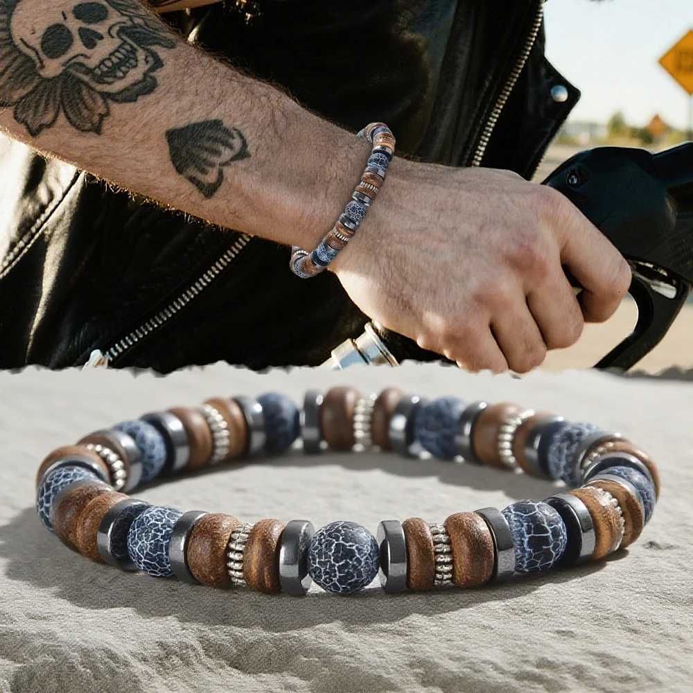 1pc Mens Bead Bracelet Designed with Wooden Volcanic Stone and Metal Beads Elastic Bracelet Suitable for Daily Wear W251206