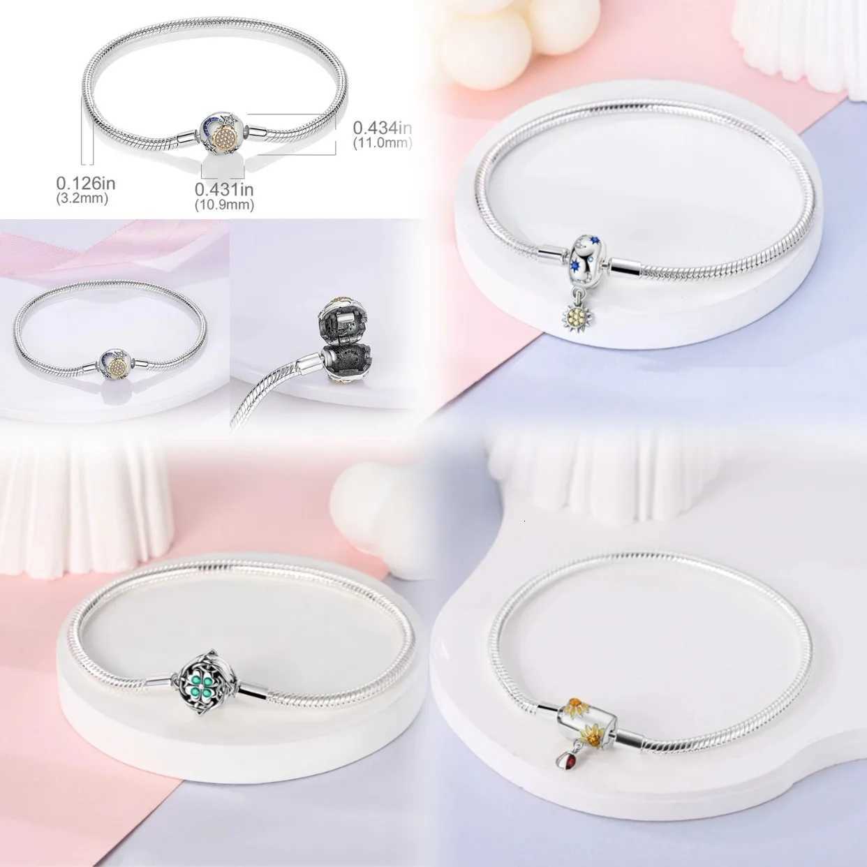 Lucky Clover Bracelet 925 Silver Original Green Zircon Four Leaf Tree Of Life Snake Chain For DIY Charms 17-20CM Jewelry Gift W251206