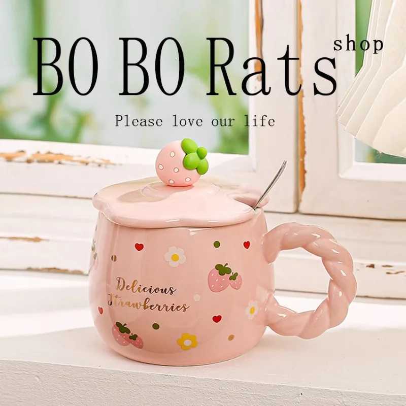 Strawberry Mug with LidCeramic Mugs 420MLKorean Kawaii Coffee CupsCute Breakfast Porcelain Mug for WomanStudent M251206 - view 6