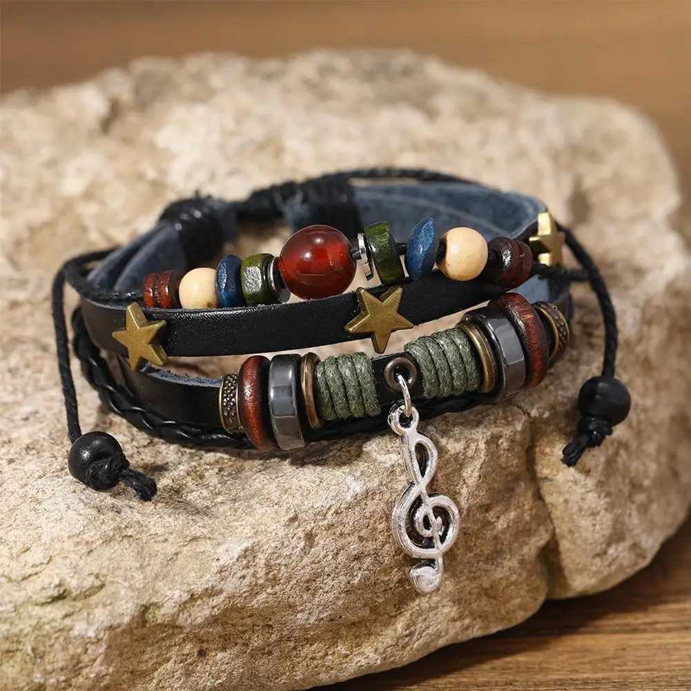 Adjustable Trendy Musical Note Wood Beads Niche Design Leather Gypsy Hippie Bracelet Vintage Rope Layered Bracelet W251206
