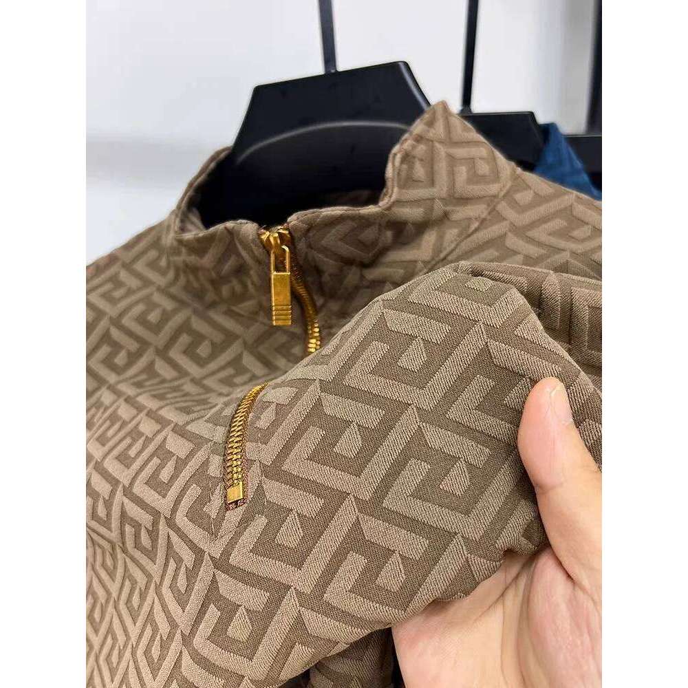 High End Brand Fashion Jacquard Long Sleeve T-Shirt Men's Casual Sweater Autumn Trend Korean Style Half Zipper Collar Pullover