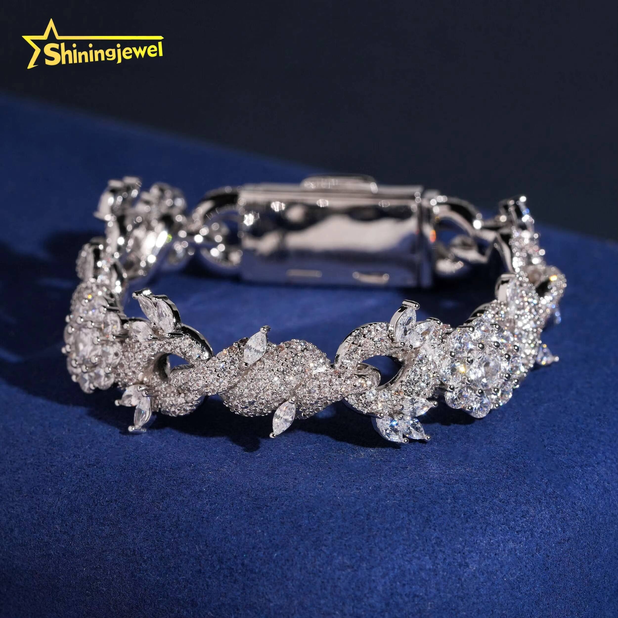 15mm Flower and Leaf Design Moisasnite Cuban Bracelet 925 Silver Moissanite Diamond Bracelet Iced Out Jewelry