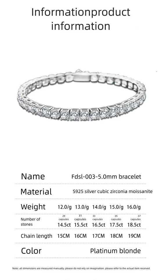 25/3/4/5mm Moissanite Tennis Bracelet 925 Sterling Silver Plated White Gold Bracelet for Women Man Sparkling Party Jewelry W251206