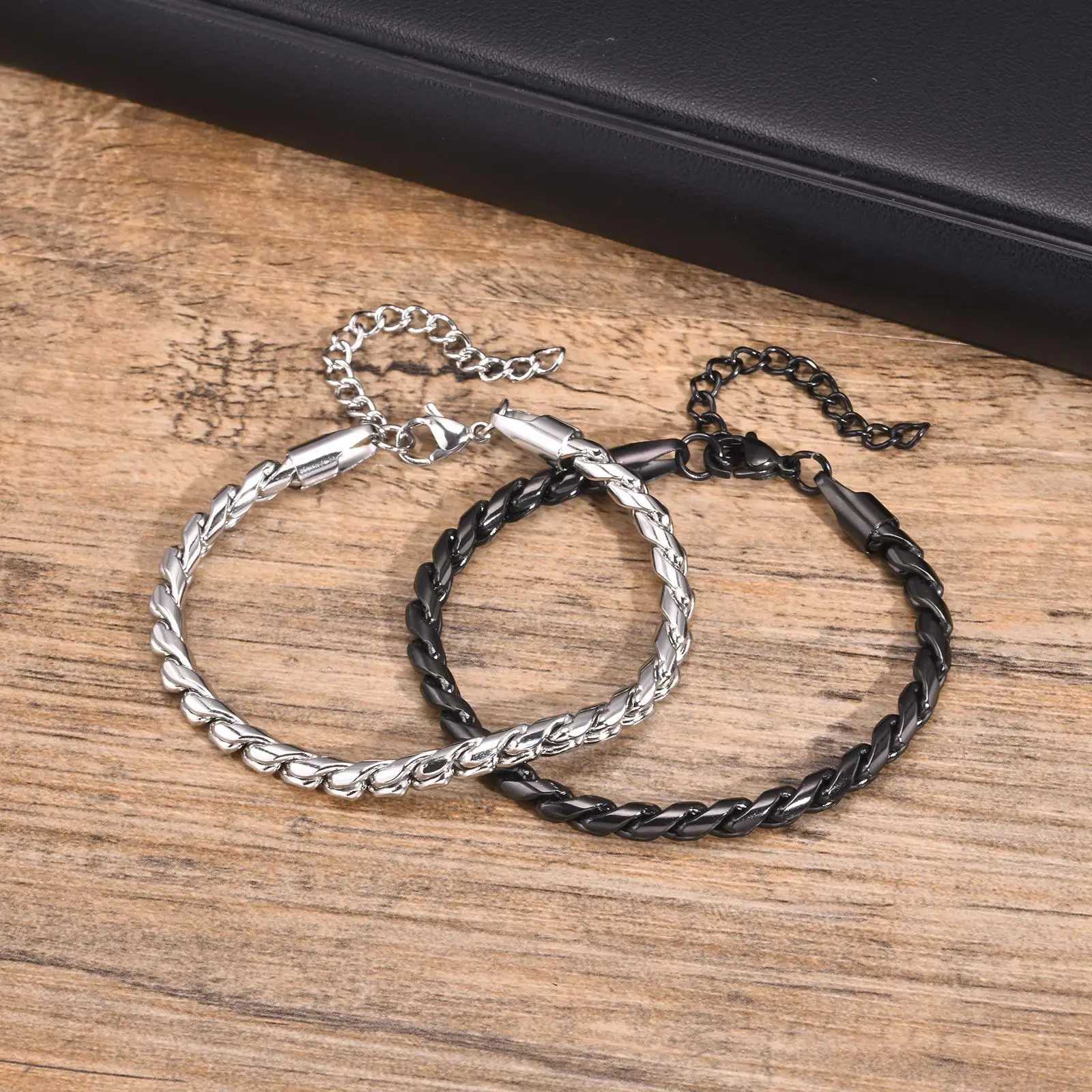 Vnox Punk Men Snake Link Chain Bracelets Black Silver Color Twisted Stainless Steel Glossy Chain Bracelet Comfort Wear Jewelry W251206