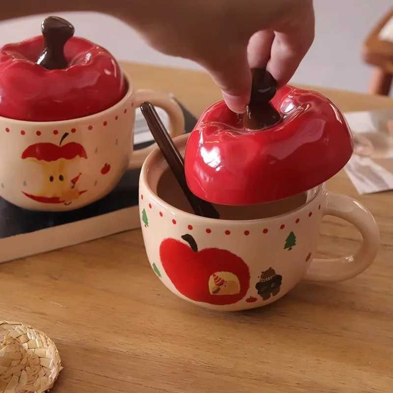 Vintage Mug With Lid And Spoon Apple Shape CeramicWater Girls Christmas Gift Coffee Couple Milk Breakfast M251206 - view 3