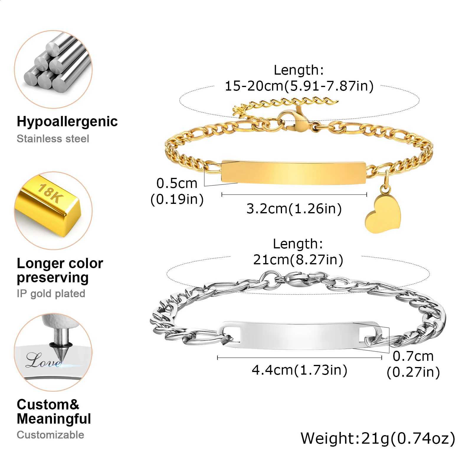 Vnox Custom Valentines Day Gift Jewelry for Couples Love Promise Bracelets for Women Men Heart Charm Figaro Chain Bracelets W251206