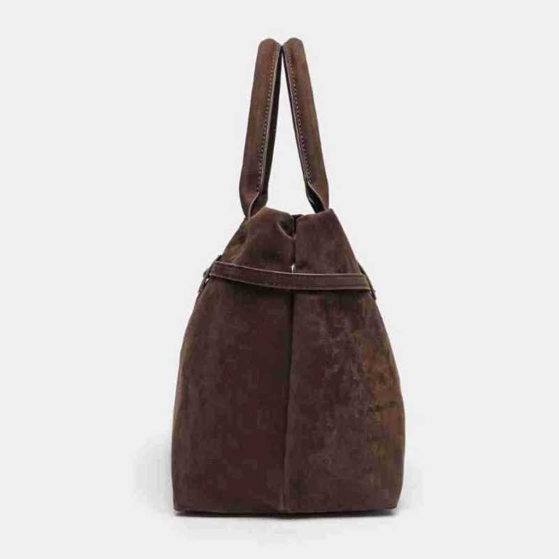 Vintage Suede Handbag Brown Matte Finish Classic Tote with Lock Design Large Capacity Commuter Bag for WomenT251205
