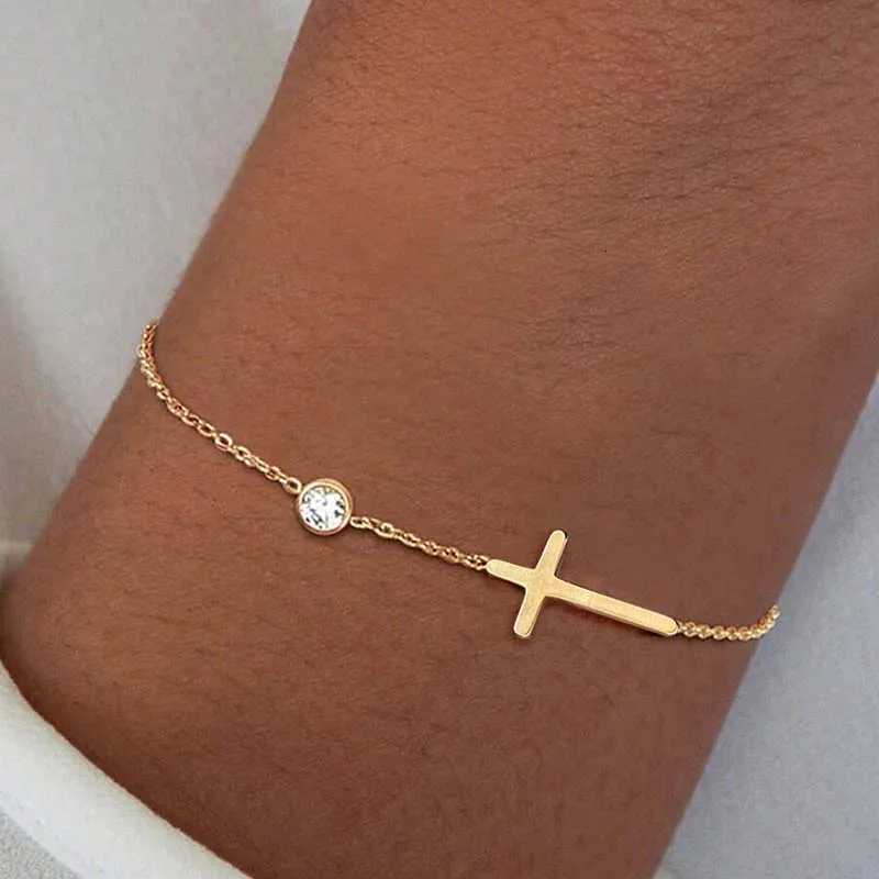 Stainless Steel Gold Color Cross Chain Bracelet for Women Shiny CZ Zircon Charm Hand Bracelet Wedding Jewelry Gift W251206