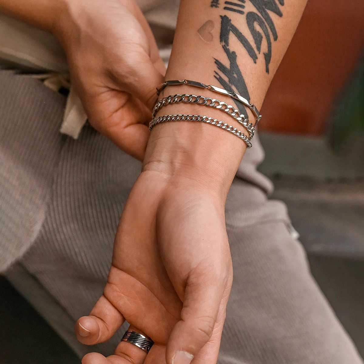 KunJoe 3pcs/set Stainless Steel Punk Cuban Chain Bracelet for Men Minimalist Silver Color Hip Hop Bracelet Party Jewelry Gifts W251206