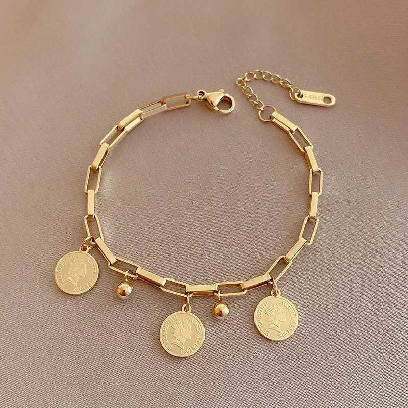 1PCS Gold-color Bracelet Ladies Hip Hop Style Stainless Steel Round Sign Portrait Pendant Wide Cross Chain Jewelry Accessories W251206