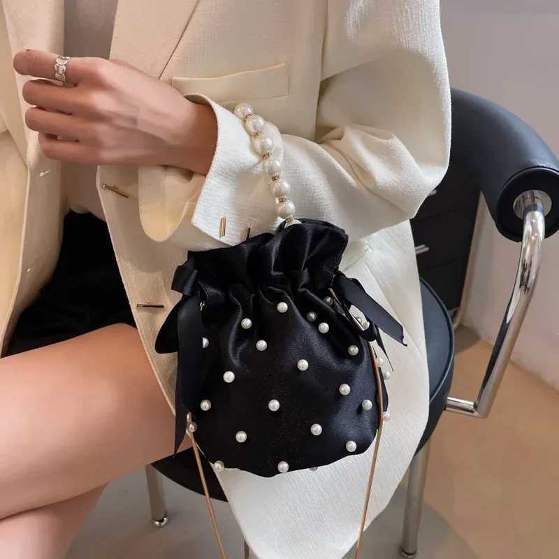 Brand Shoulder Bags For Women High Quality Luxury Ladies Handbag Black Bead Pearl Imitation Silk Female Bucket Crossbody BagT251206