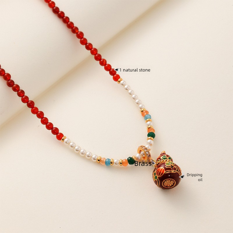 Original New Chinese Style Red Gourd Natural Stone Beaded Necklace for Women Vintage Exquisite Elegant Versatile Long Sweater Chain ddmynov