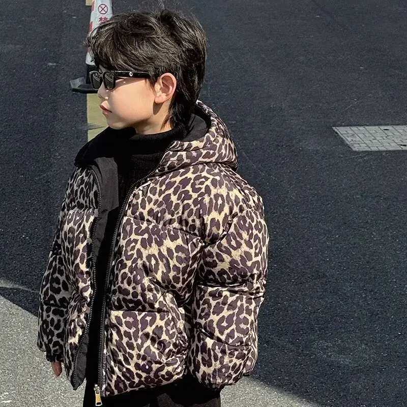 90-150cm Boys Cotton Jacket Autumn/Winter Girl Parka New Handsome Childrens Leopard Pattern Thickened Cotton CoatW251206