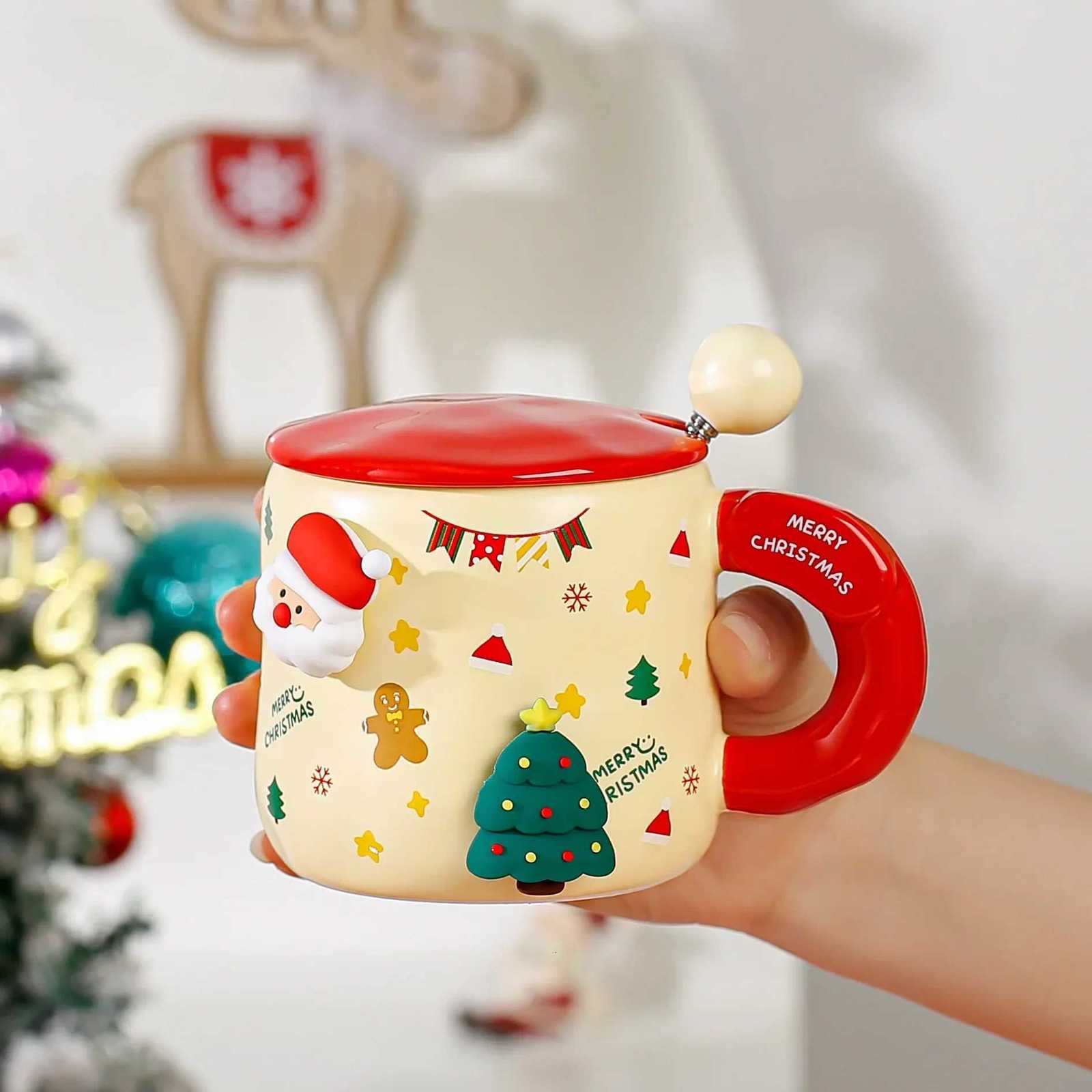 Christmas Ceramic MUg with Lid Cute Santa and Tree Design Coffee Cup Holiday Couple Gift Tea Cup M251206 - view 3
