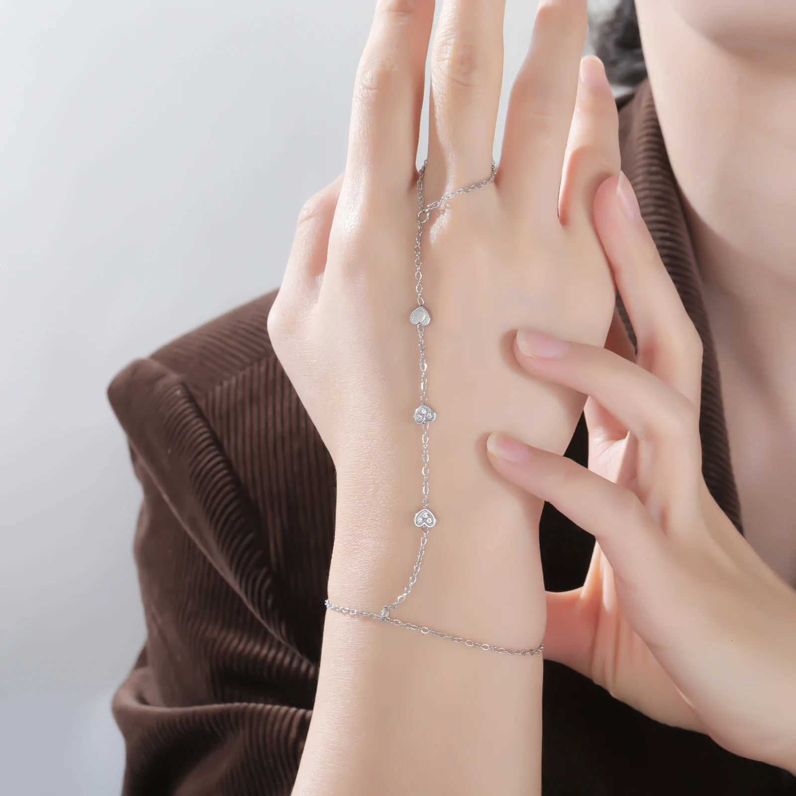 Teamer Zircon Devils Eye Love Heart Finger Bracelet Stainless Steel Gold Color Fashion Chain Jewelry Wedding Gift Wholesale W251206