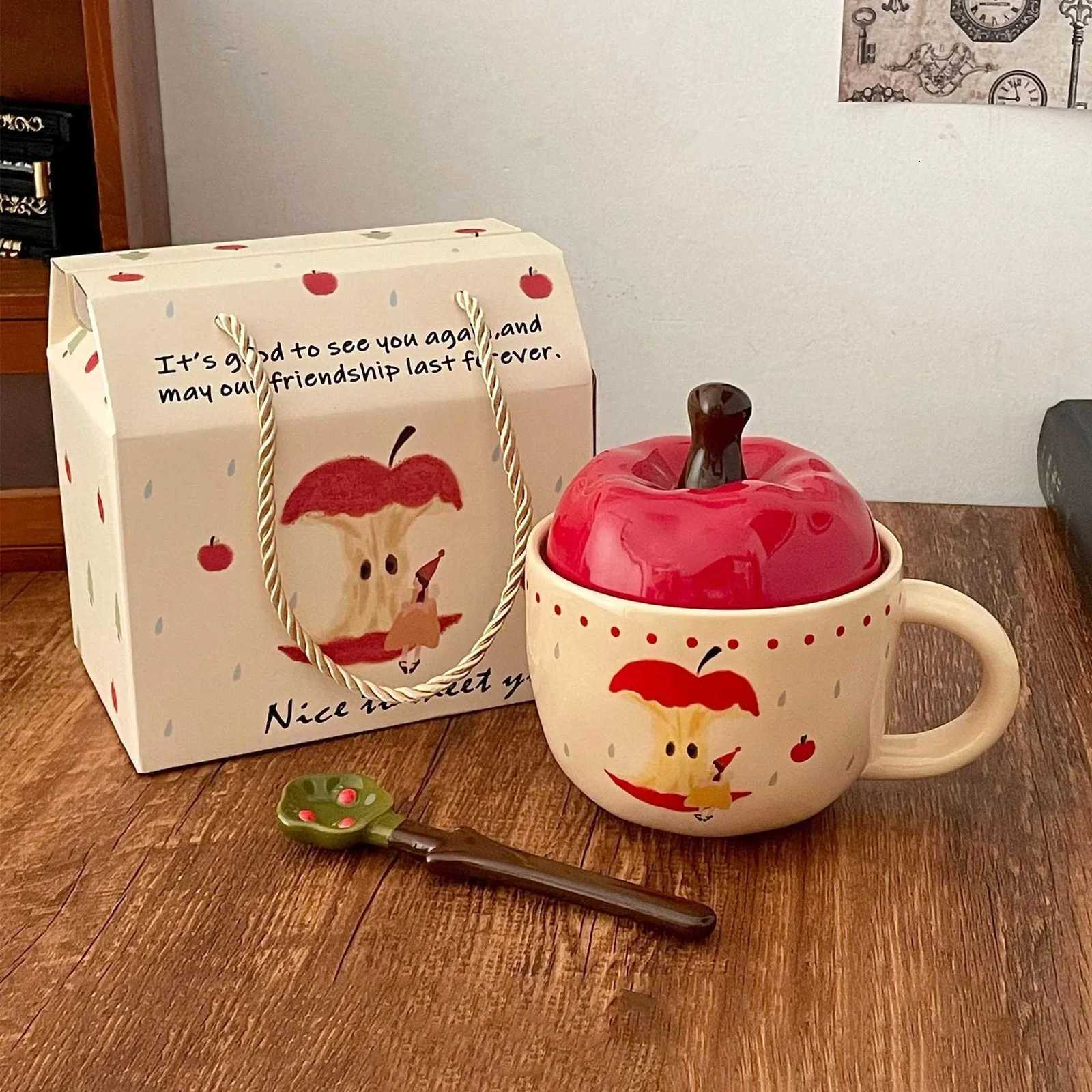 Vintage Mug With Lid And Spoon Apple Shape Ceramic Mug Water Cup Girls Mug Christmas Gift Coffee Mug Couple Milk Breakfast Mug M251206 - view 7