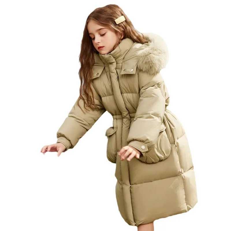 2024 new winter girls down padded jacket medium long coat 5-14 years old childrens thick coat girls woolen collar padded coatW251206