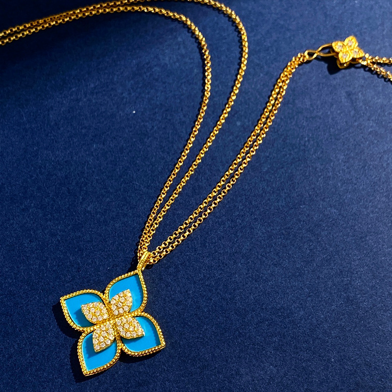 Jewellery Necklace Diamond Shaped Four Leaf Clover Princess Flower with Natural Shell Agate Double Layer Adjustable Sweater Chain for Gift Occasions E