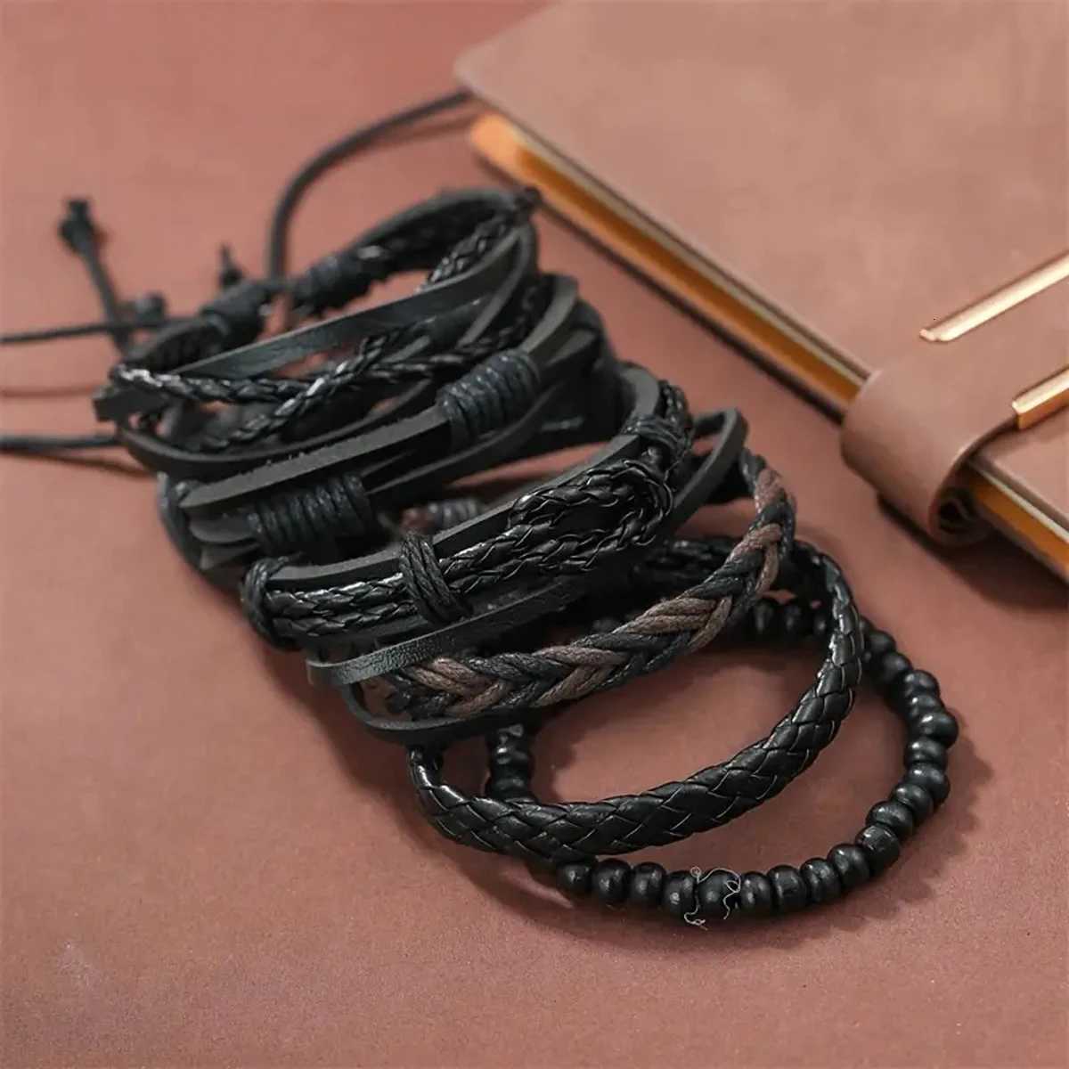 6pcs Mens PU Leather Punk Street Style Black Handmade Men Minimalist Twist Bracelet W251206