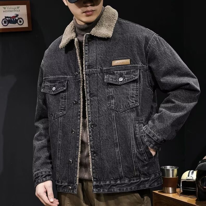 Designer Luxury Clothing Lamb Wool Cotton Jacket For Men Winter Stylish Trendy Cotton Coat With Fleece Lining Thickened Trendy Brand Denim Motorcycle 