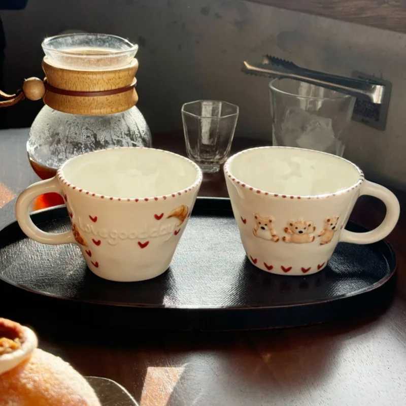 300ml Hand-drawn Ceramic MUgs Coffee Cup Hand Pinched Irregular Bear Milk Tea Cup Letter Waffle Croissant Oatmeal MUg M251206 - view 3