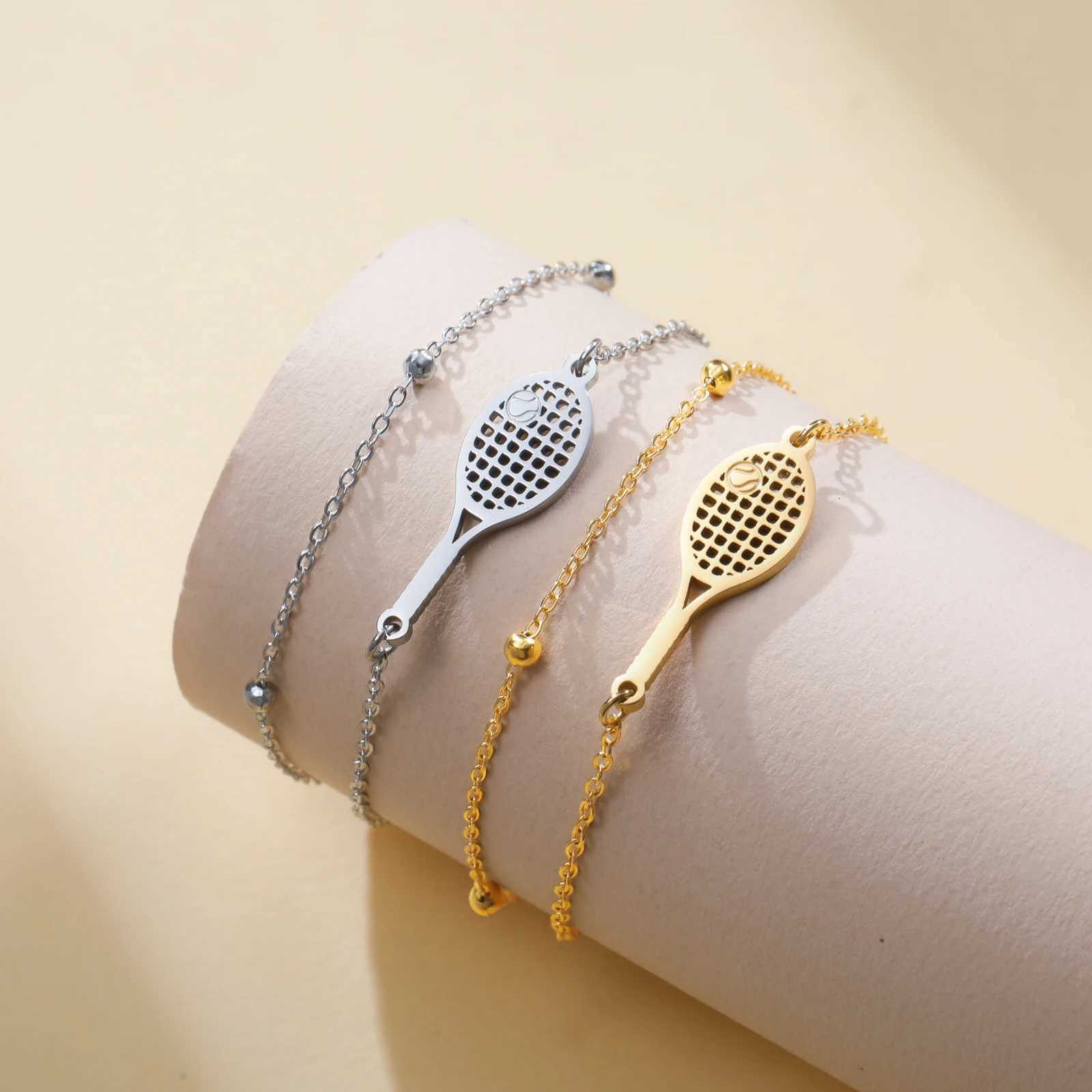 Cazador Tennis Racket Charm Womens Bracelet Stainless Steel Jewelry Double Chains Beads Hand Bracelet for Girls Christmas Gift W251206