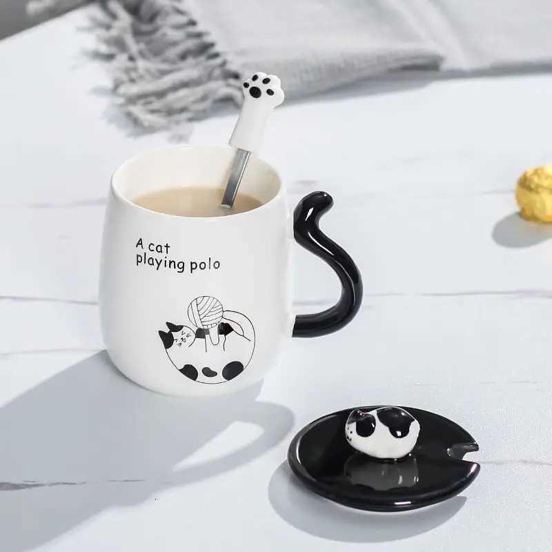 Cartoon Cat Ceramic Mug Birthday Gift Cute Coffee Cup with Lid Tail Handle Unusual Mugs Personalized Gifts Drinkware M251206 - view 4