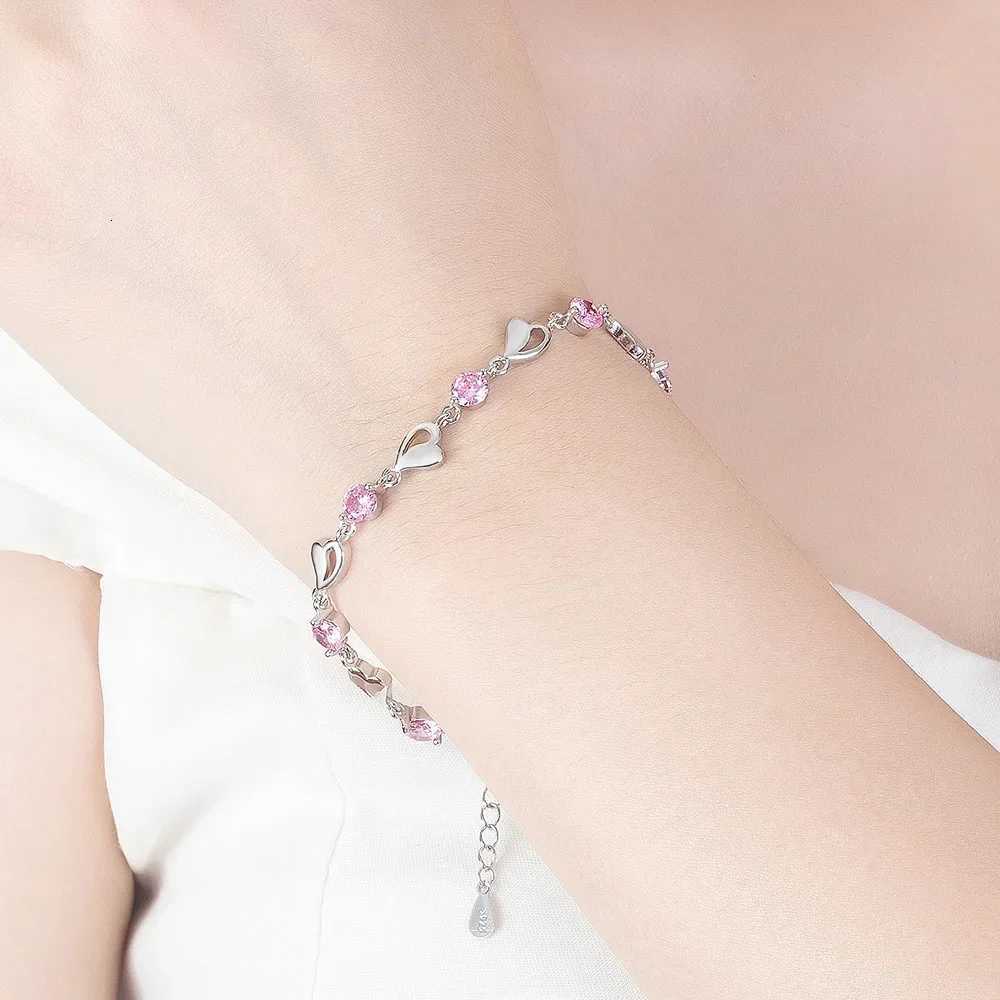 925 Sterling Silver Heart Shaped Bracelet For Women Retro Korean Versatile Pink Crystal Charm Bracelets Original Party Jewelry W251206