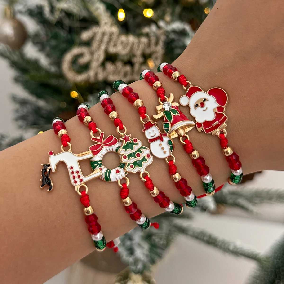 SHIXIN 6Pcs/Set Santa Claus Snowflake Christmas Tree Pendant Bracelet Women Cute Adjustable Rope Chain Crystal Beaded Bracelet W251206