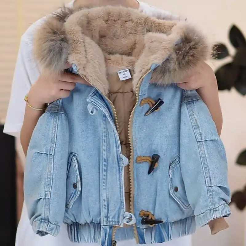 Childrens Cotton Jacket Winter New Boys and Girls Deinm Down Cotton Hooded Jacket Big Wool Collar Casual Cotton Coat ParkasW251206