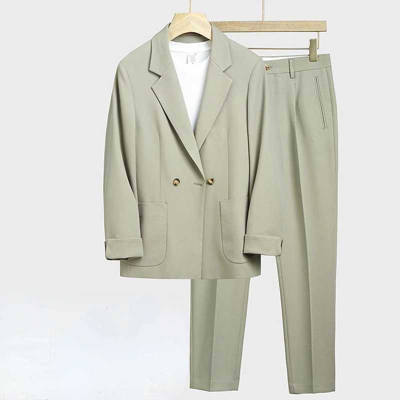 2025 Mens Korean Style Suit Set - Loose Fit Casual Blazer Pants Slim Fit Spring Autumn Two-Piece Outfit Complete Set M260313