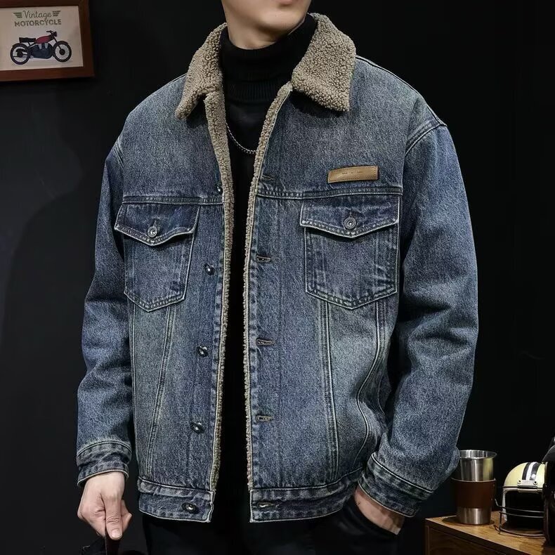 Designer Luxury Clothing Lamb Wool Cotton Jacket For Men Winter Stylish Trendy Cotton Coat With Fleece Lining Thickened Trendy Brand Denim Motorcycle 