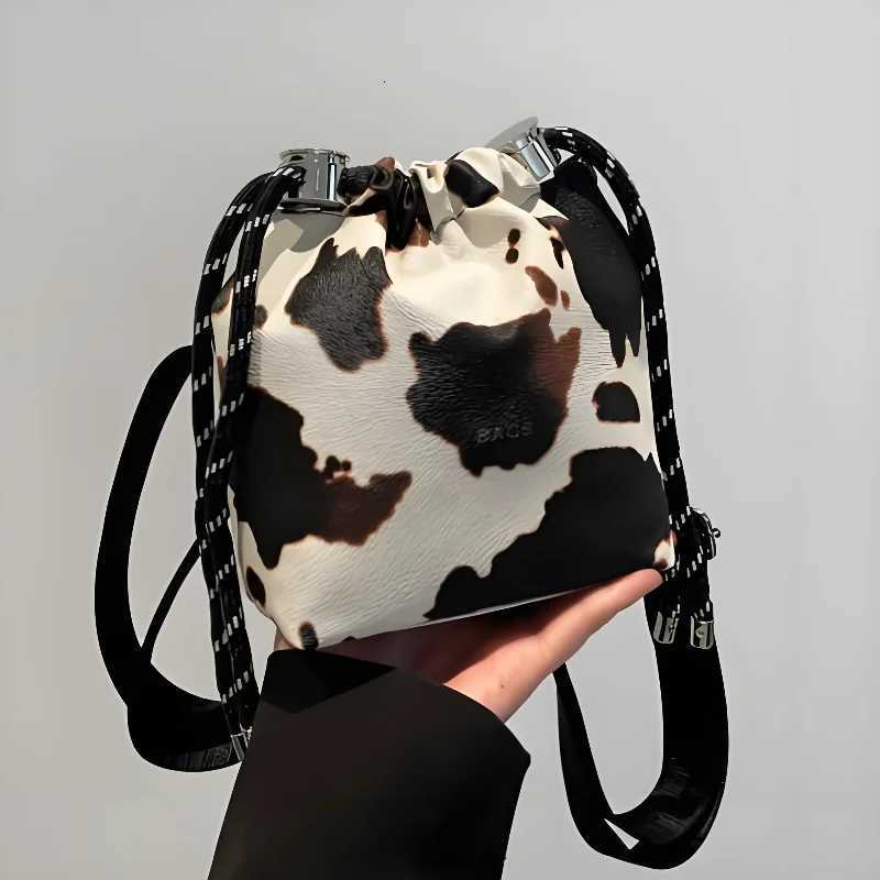 New Cow Pattern Womens Bag Fashion Drawstring Bucket Bag Texture Brand Design Crossbody Bag Simple Versatile Cute Storage BagT251206