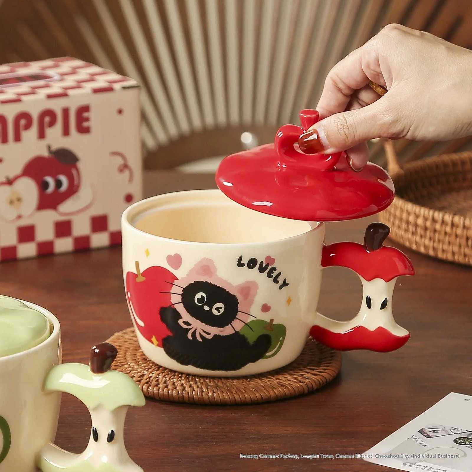 Apple Shape Black Cat Pattern Ceramic Mug with Lid Coffee Milk Teacup with Hand Gift Kitchen Home M251206 - view 3