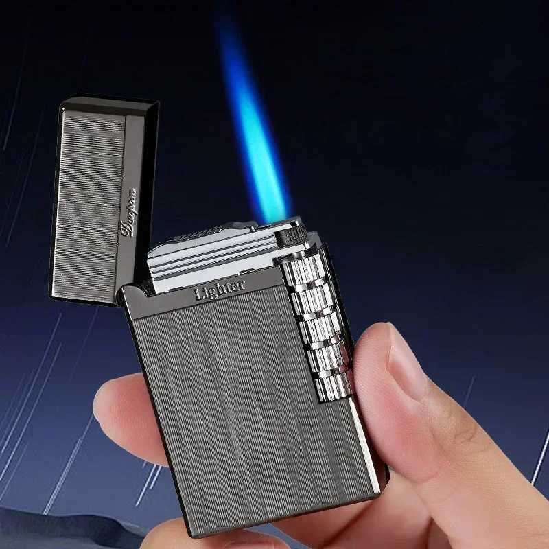 2024 Metal Blue Flame Butane Gas Lighter Steel Sound Lound Windproof Straight-up Lighter Smoking Accessories H251206