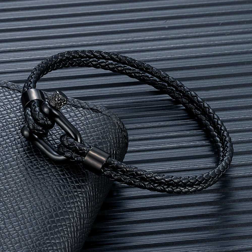 MKENDN Black Stainless Steel Shackle Bracelet Simple Double Layer Blue Leather Bracelets for Men Women Handmade Nautical Jewelry W251206