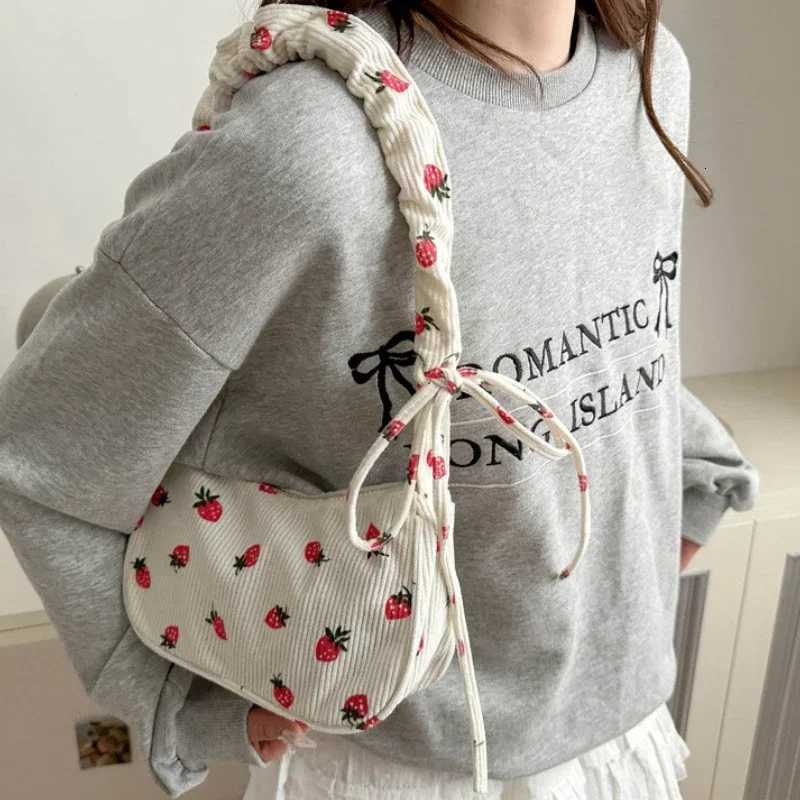 Women Small Underarm Bag Corduroy Handbag Cute Strawberry Print Little Tote Half Moon Design Eco Cloth Purse Mini Shoulder BagsT251205