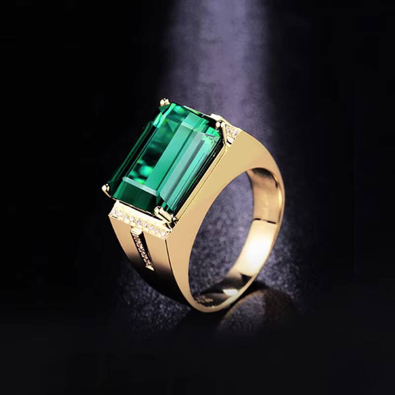 LusterGem 10K 14K 18K Solid Gold Lab Grown Emerald With Moissanite Diamond Rings GRA 6x8mm 3ct for Men
