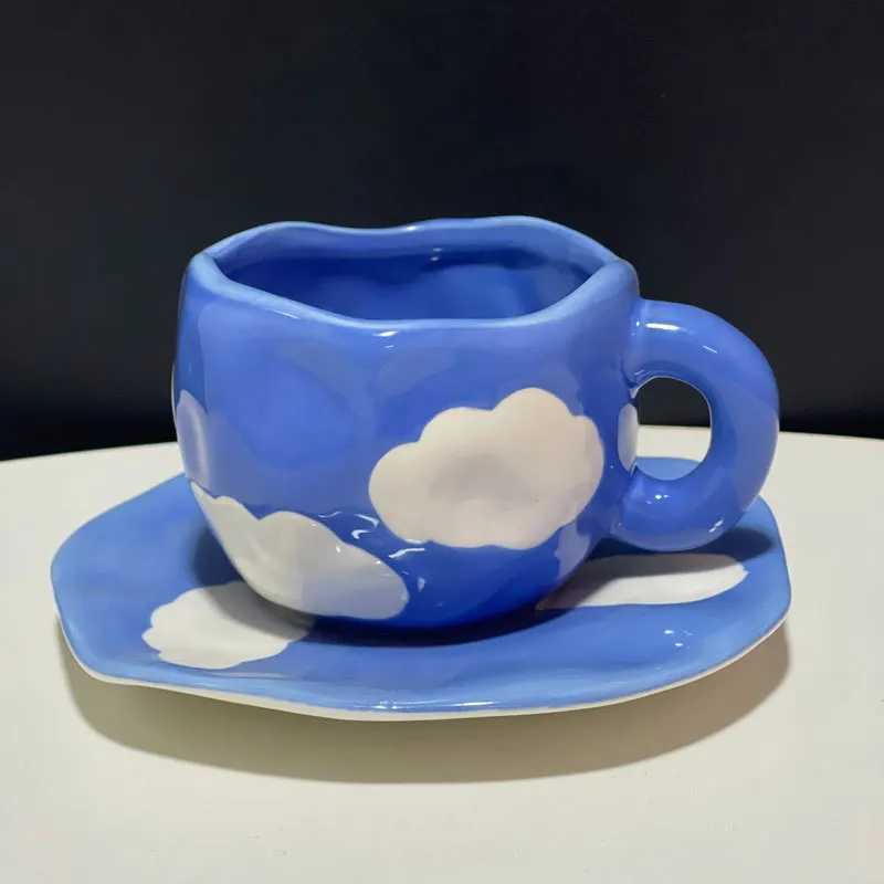 300ML 10OZ Korean Style Kawaii Cute Ceramic Mugs Handmade Flower Pattern Breakfast Coffee Milk Cup with Dish and Spoon M251206 - view 5