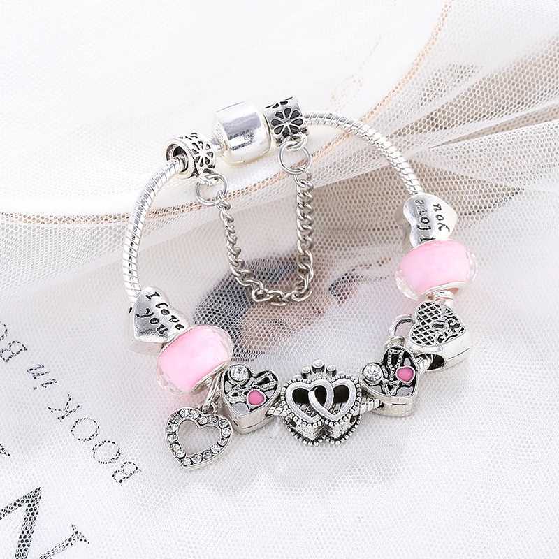 BAOPN European Pink Heart To Heart Beads Charm Bracelets For Women Fit Brand Bracelet Bangle Couple Jewelry Dropshipping W251206