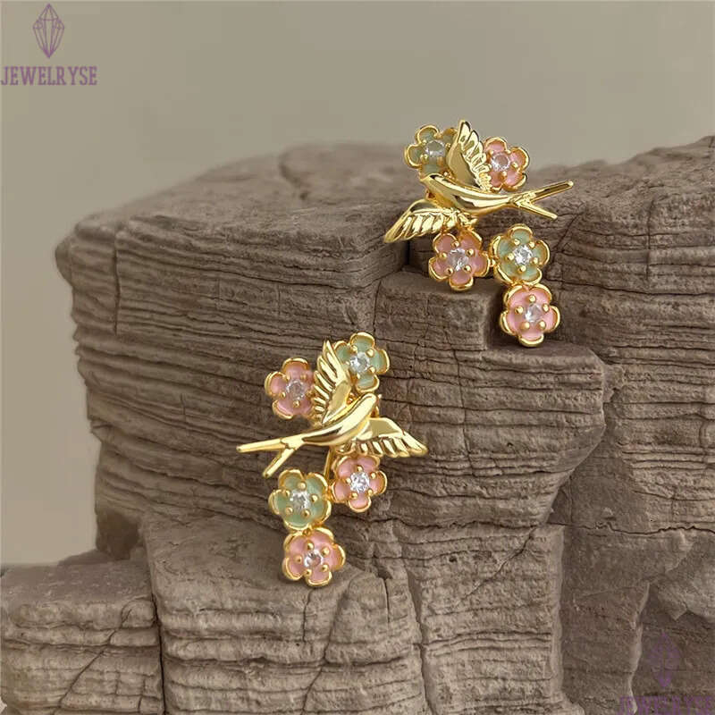 original vintage 18k gold bird flower stud designer earring for woman party travel charm earrings women ear clip jewelry S925 silver needle womens fam