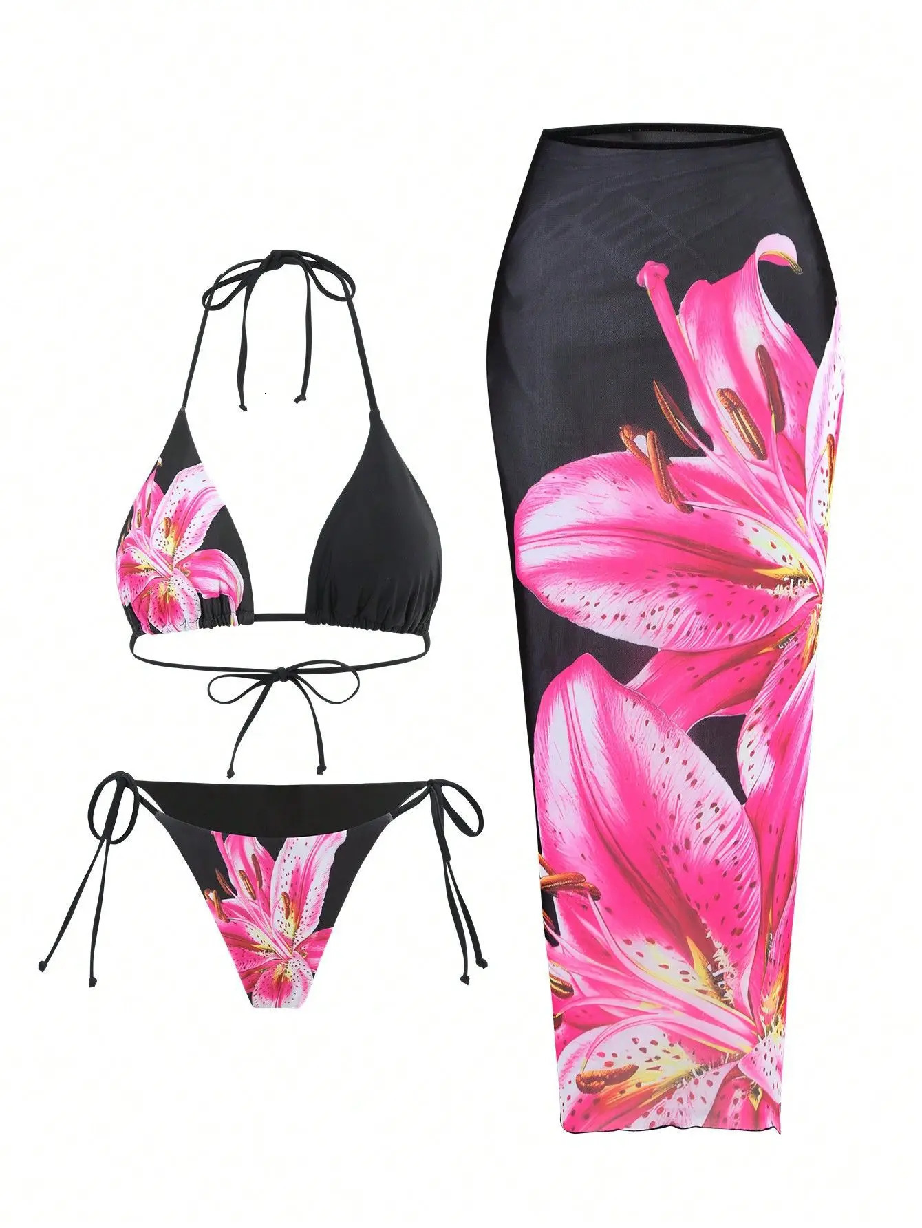 Flower Print Bikini Set Womens High Waist Long Skirt 3 Piece Swimsuit Sexy Mini Triangle Backless Thong Bathing Suit 251205