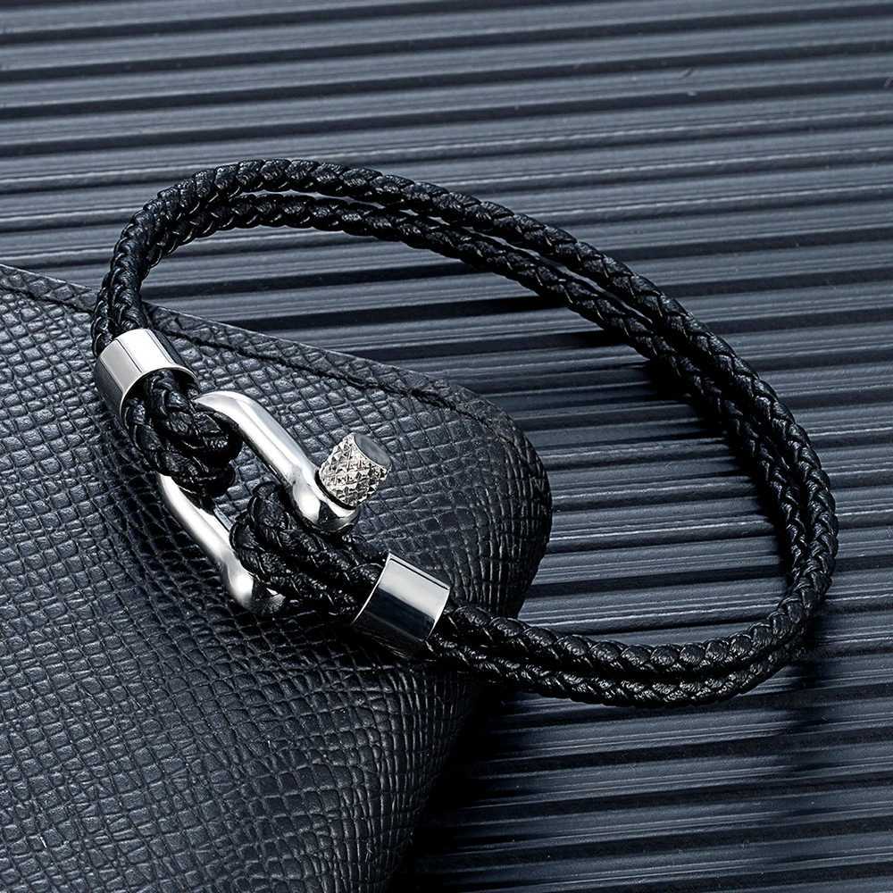 MKENDN Black Stainless Steel Shackle Bracelet Simple Double Layer Blue Leather Bracelets for Men Women Handmade Nautical Jewelry W251206